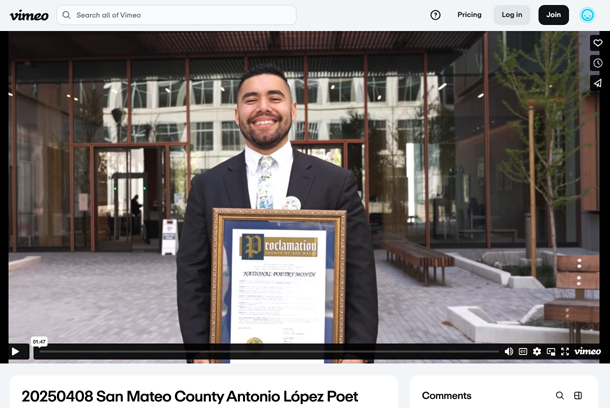 Antonio López Named Poet Laureate of San Mateo County by Voler Strategic Advisors