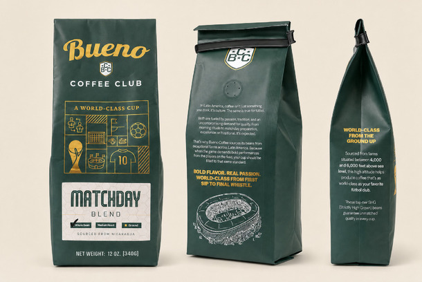 Bueno Coffee Club - Matchday Roast Packaging by Greenhouse Partners